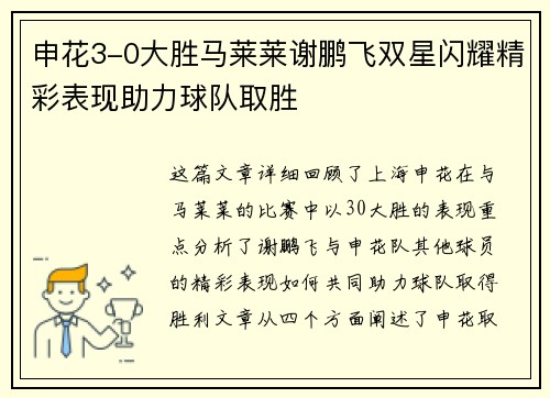 申花3-0大胜马莱莱谢鹏飞双星闪耀精彩表现助力球队取胜