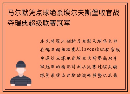 马尔默凭点球绝杀埃尔夫斯堡收官战夺瑞典超级联赛冠军