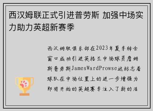 西汉姆联正式引进普劳斯 加强中场实力助力英超新赛季